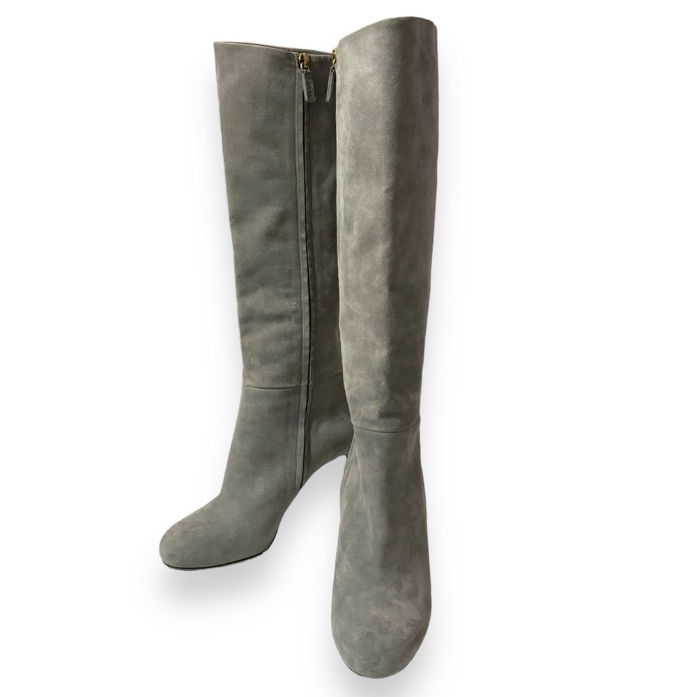 GUCCI Grey Suede Over The Calf Side Zip High Heel Boots